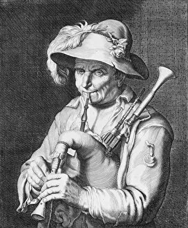 Bagpiper Collection: Man Playing Bagpipe, 17th century. Creator: Cornelis Bloemaert