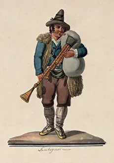 Bagpipes Prints: A man playing the bagpipes. Creator: Unknown