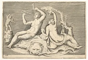 Veneziano Prints: Man Playing Two Flutes and Woman on Lionskin, published ca. 1599-1622. Creator: Unknown