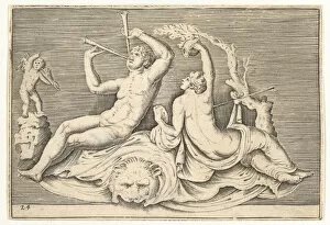 Battista Franco Gallery: Man Playing Two Flutes and Woman on Lionskin, published ca. 1599-1622. Creator: Unknown