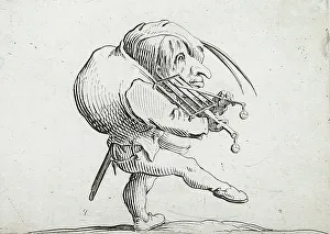 Etching With Engraving Prints: Man Playing a Grill in the Manner of a Violin, 1616. Creator: Jacques Callot