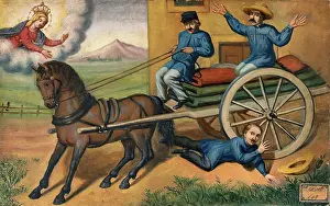 Survivor Prints: A man praying to the Virgin as he is run over by a horse-drawn cart carrying textiles
