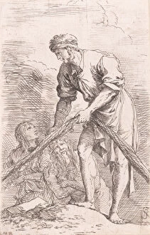 A man pulling a net with two figures behind him, from the series Figurine, ca.... ca