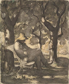 Light Collection: A Man Reading in a Garden (recto)... ca. 1865. Creator: Honore Daumier