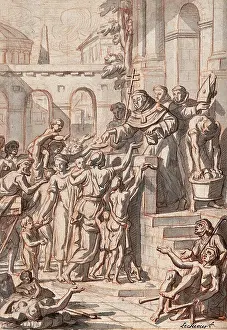 Beggar Prints: A man in religious clothing standing on a balcony is handing out money to the crowd below him