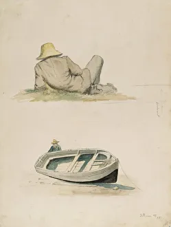 Beached Prints: A man resting his back on the grass; A man and a beached boat