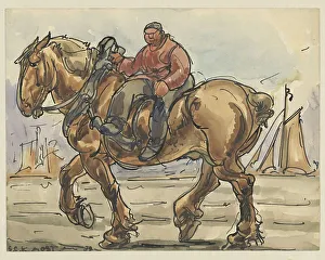 Draft Horse Prints: Man riding sidesaddle on a draft horse, 1939. Creator: Alfred Ost
