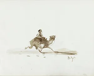 Man on a running camel in a desert landscape, 1830-1860. Creator: Albertus van Beest