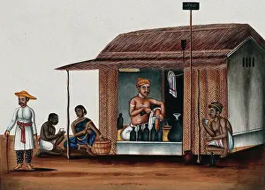 Sari Prints: A man seated in a arrack shop pours a drink, (between 1800 and 1899?). Creator: Unknown