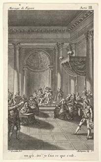 Beaumarchais Gallery: A man seated in a chair on a stepped platform holds an audience, two pointing men stan