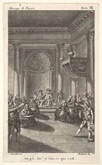 Beaumarchais Pierre Augustin Caron De Collection: A man seated in a chair on a stepped platform holds an audience, two pointing men stan