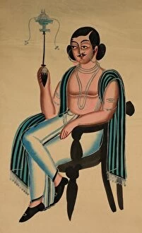 Kalighat Painting Gallery: Man Seated in a European Chair Smoking a Margila Pipe, c. 1880. Creator: Unknown