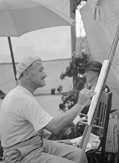 Beret Prints: Man seated outdoors painting, East Hampton