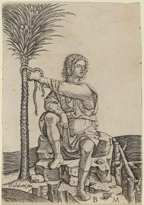 Tying Prints: Man Seated by a Palm Tree, c. 1510/1515. Creator: Benedetto Montagna