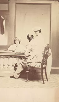 Balustrade Collection: Man, Seen from the Back, Conversing with Two Woman, 1860s. Creator: Unknown