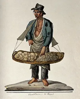 Vendor Prints: A man selling bread from a large basket hanging from his shoulders