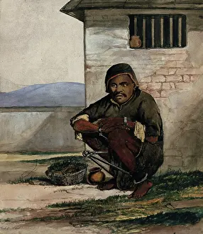 Crouching Prints: A man of Simla, squatting in a prison with manacles around his ankles