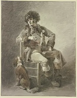 Abraham Prints: A man sits on a chair with a pipe in his hand, a dog beside him. Creator: Abraham Teerlink
