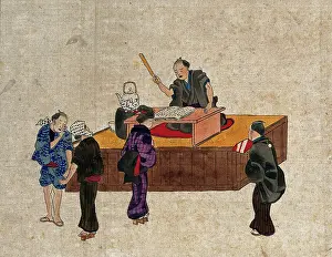 Dais Prints: A man sits at a table on a platform reciting from a book