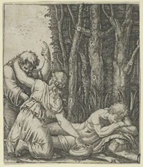 Only State Prints: Man sleeping at the edge of a wood with a woman knealing at his side with one han