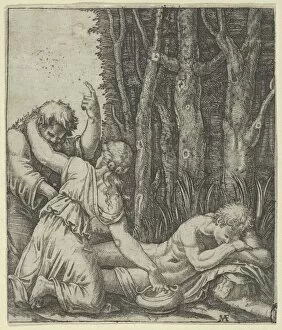 Young Man Gallery: Man sleeping at the edge of a wood with a woman knealing at his side with one han... ca. 1500-1534