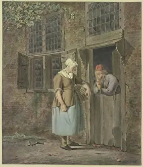 Doors Prints: A man smoking at a front door speaks with a woman carrying a basket