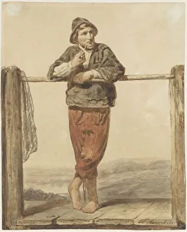 Souwester Prints: Man smoking a pipe, 1850. Creator: Johannes Eugel Masurel
