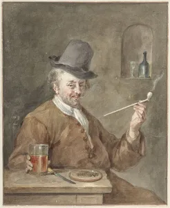 Schouman Aert Van Prints: Man smoking a pipe at a table with a plate