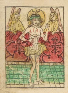 Woodcut Hand Colored Prints: The Man of Sorrows between Two Angels (Schr)