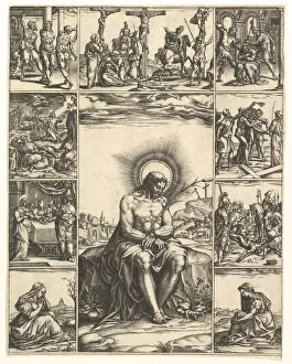 The Man of Sorrows; an image of Christ surrounded by nine vignettes depicting scenes of The Man of Sorrows; an image of Christ surrounded by nine vignettes depicting scenes of
