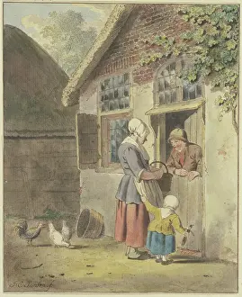 Doors Prints: A man speaks at a front door with a woman who is being held by the apron by a child