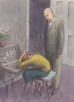 Desk Gallery: Man standing over cowering woman, 1952. Creator: Shirley Markham