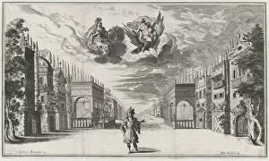 A man stands at center, flanked by rows of buildings; above Jupiter atop an eagle and Juno..., 1668
