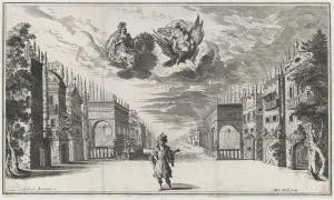 Kusel Mathaus Prints: A man stands at center, flanked by rows of buildings; above Jupiter atop an eagle and Juno