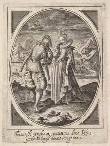 A man steps toward a woman who holds a goblet to her mouth, a watermill and mount... ca A man steps toward a woman who holds a goblet to her mouth, a watermill and mount... ca