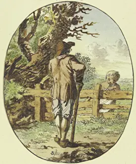 Crutch Prints: A man with a stick stands by a fence with his back to the viewer; a child stands on the other side