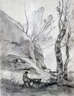 Struggling Prints: Man Struggling with a Goat, c1816-1875. Artist: Jean-Baptiste-Camille Corot