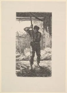 Jean Francois Prints: Man Threshing Wheat, 1853. Creator: Jacques-Adrien Lavieille