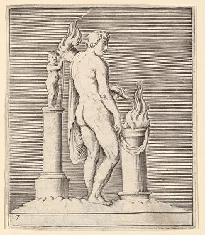 Philippe Prints: Man with Torch between Flaming Altar and Statuette, published ca. 1599-1622