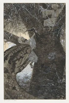 Enormous Prints: Man in a tree is grabbed by a snake, 1910 or earlier. Creator: Louwerse, H.C