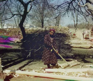 Central Asian Prints: Man using tool to strip logs, Central Asia?
