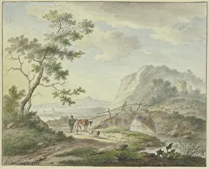 Coal Prints: A man walks across a stone bridge; on the path is a farmer with a cow and sheep