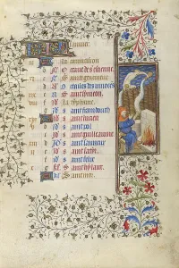 Master Of Rohan Prints: A Man Warming Himself by a Fire; January: Aquarius; Book of Hours; about 1415-1420