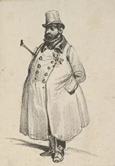 Adam Victor Gallery: Man wearing a coat and a hat with a cane under his arm, mid-19th century