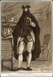 Tricorn Collection: A man wearing a mask drinking a cup of coffee (Le Masque au Caffe), 1775