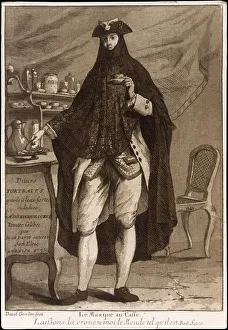 Etching And Aquatint Prints: A man wearing a mask drinking a cup of coffee (Le Masque au Caffe), 1775