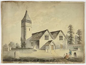 Man, Woman and Child in Churchyard Cemetary, 1800-1899. Creator: Unknown