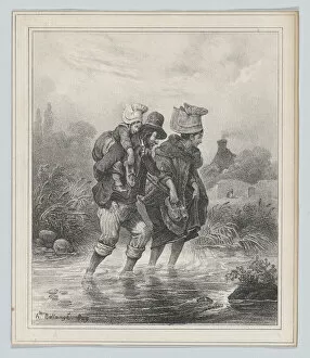 Carrying On Back Collection: Man, Woman and Child Crossing a Stream, 1829. Creator: Hippolyte Bellangé