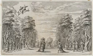 A man and a woman conversing at center, surrounded by a row of young men to the right and... 1668