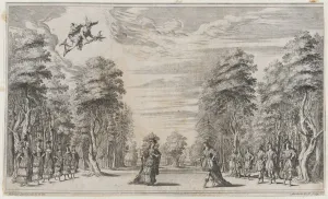 A man and a woman conversing at center, surrounded by a row of young men to the right and... 1668. Creator: Mathaus Küsel